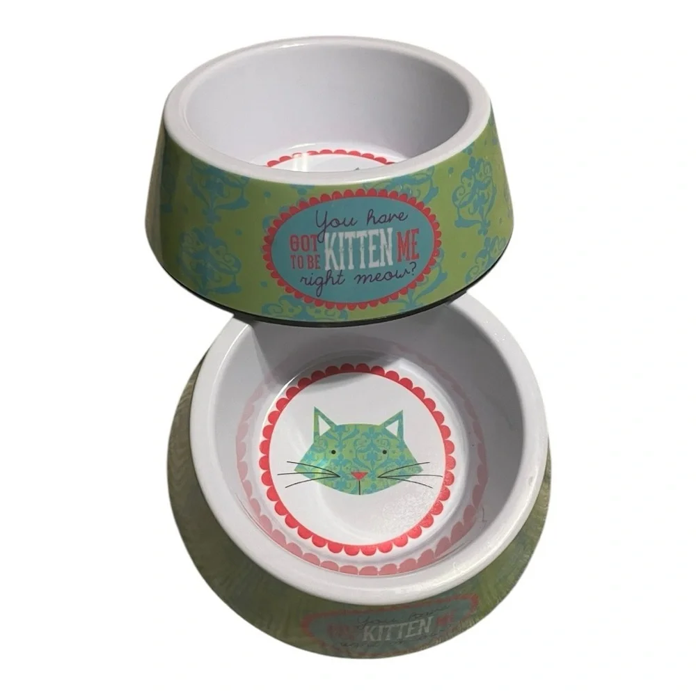 Cat food & water bowls melamine green blue pink cat face in bottom kitch phrase.